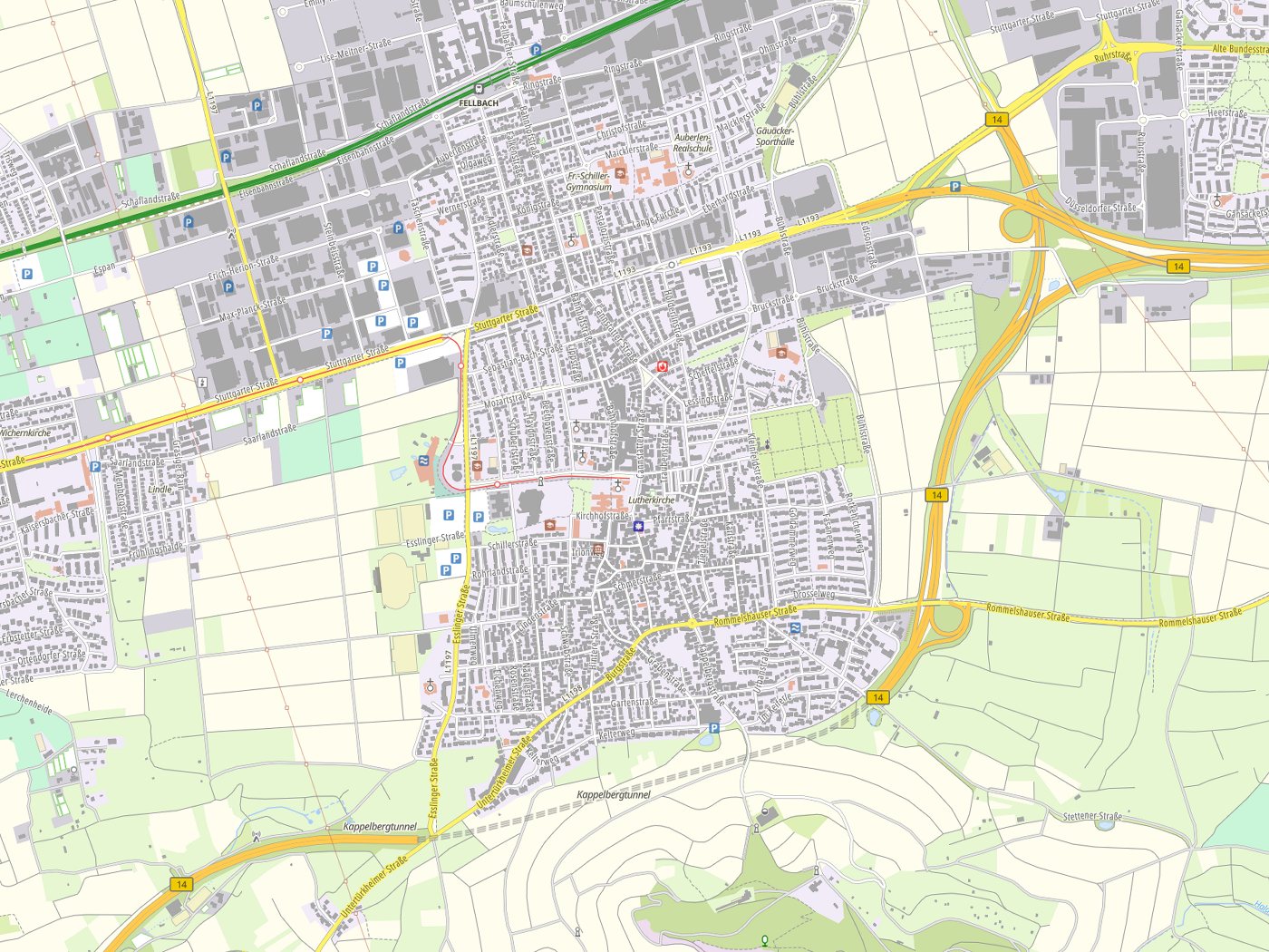 Kartenausschnitt Fellbach mit Gewässern