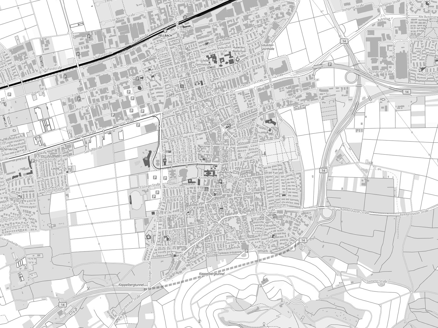 Kartenausschnitt Fellbach mit Gewässern