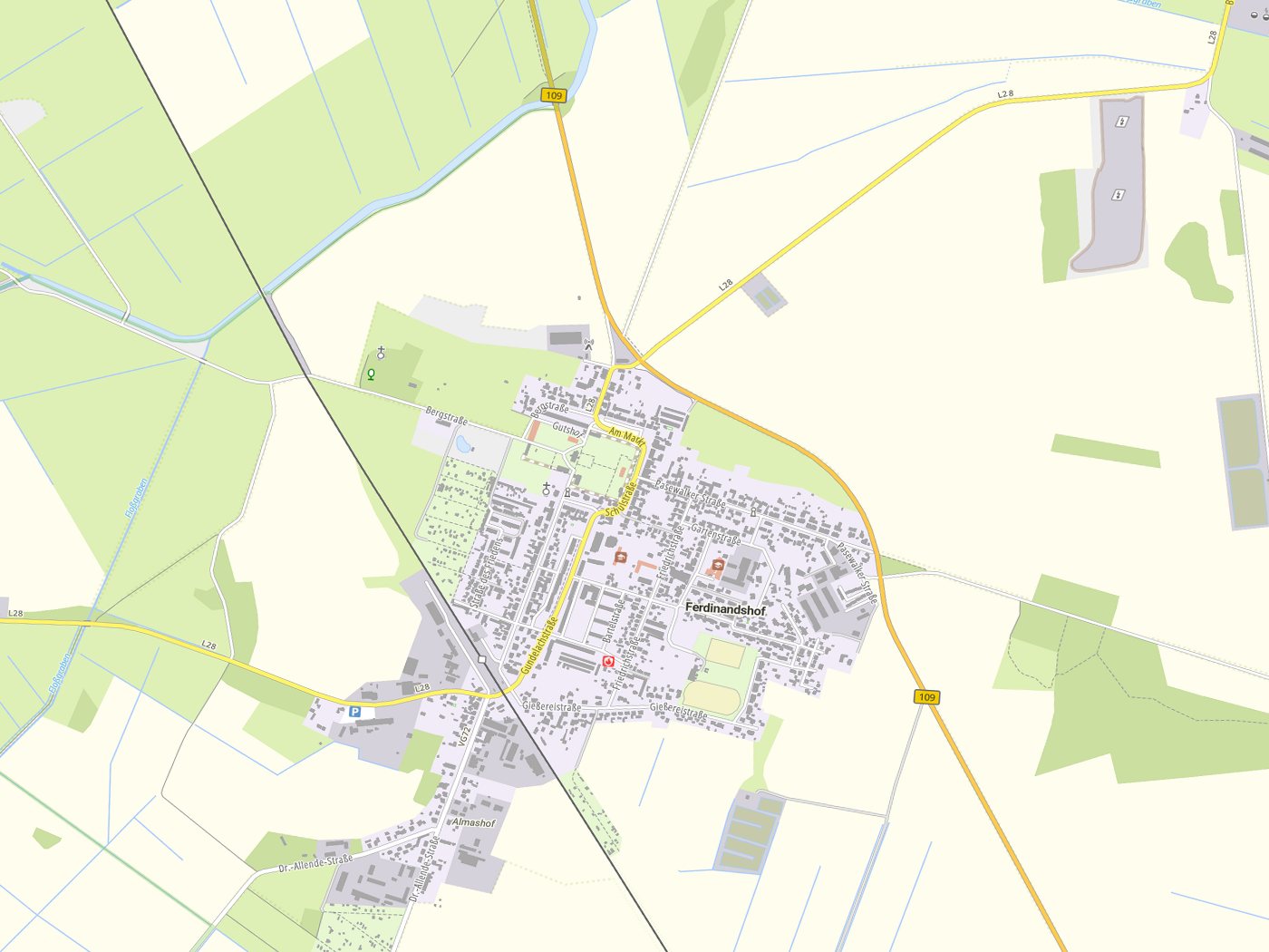 Kartenausschnitt Ferdinandshof mit Gewässern