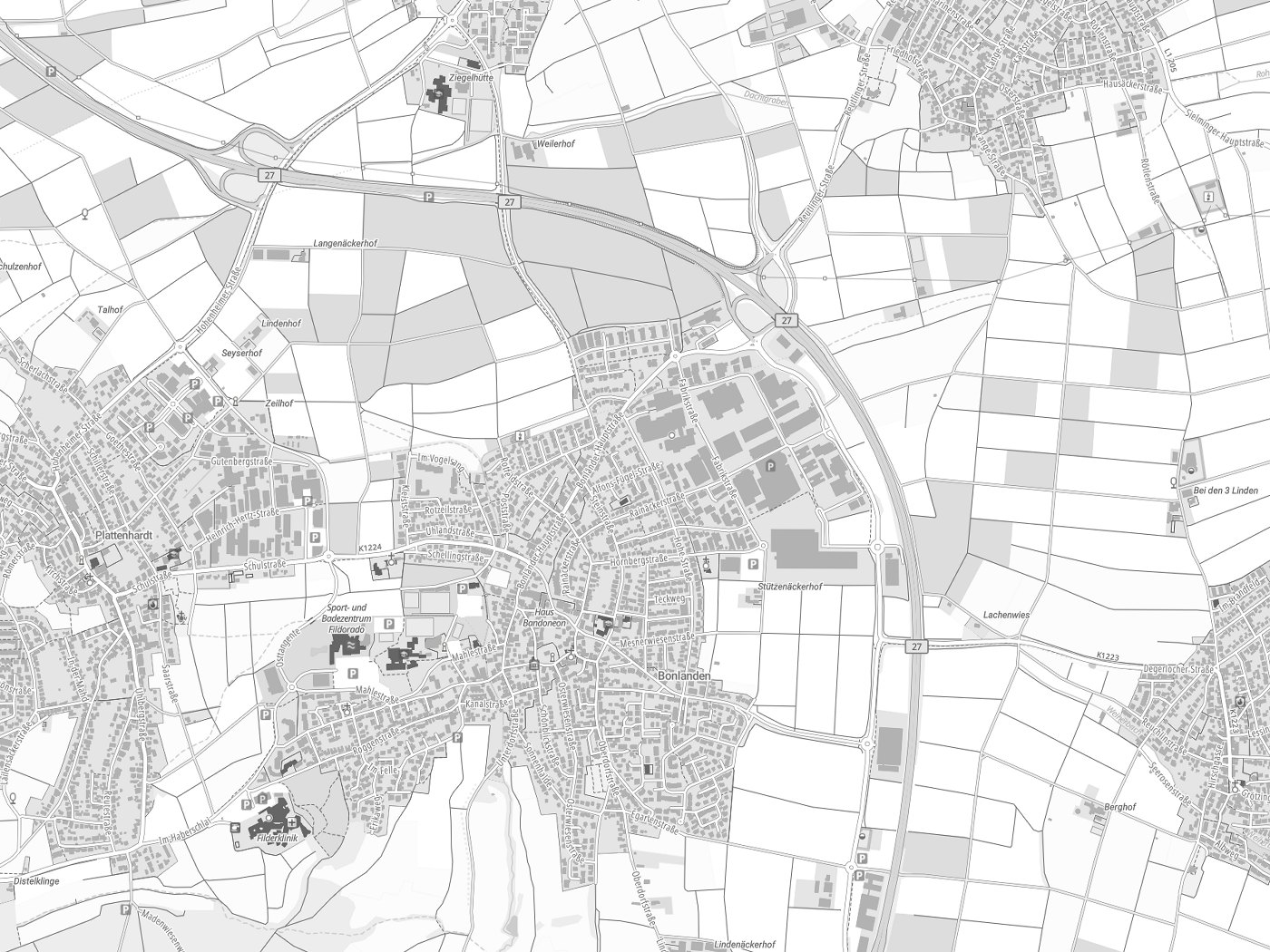 Kartenausschnitt Filderstadt mit Gewässern