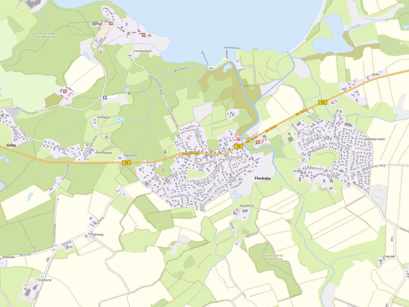 Kartenausschnitt Fleckeby mit Gewässern
