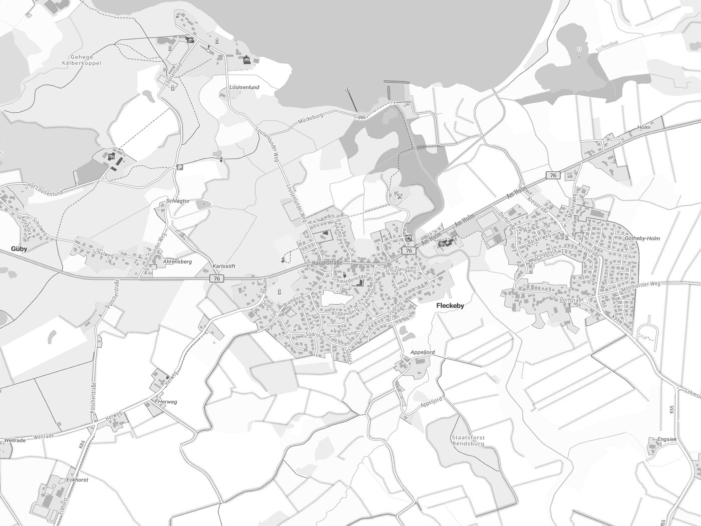 Kartenausschnitt Fleckeby mit Gewässern