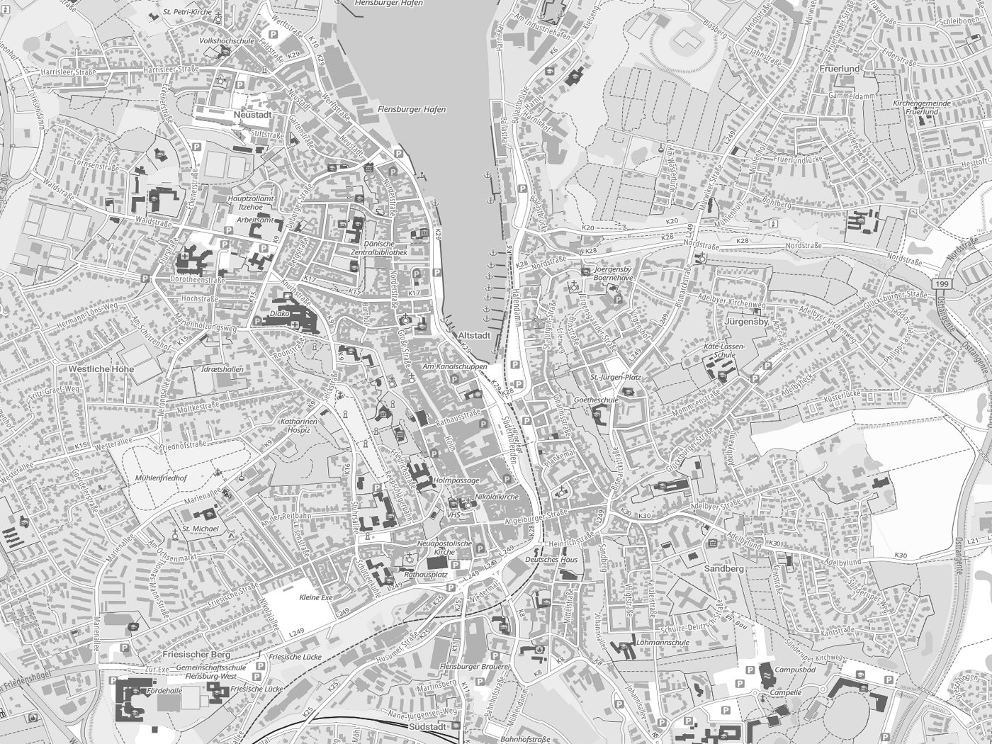 Kartenausschnitt Flensburg mit Gewässern