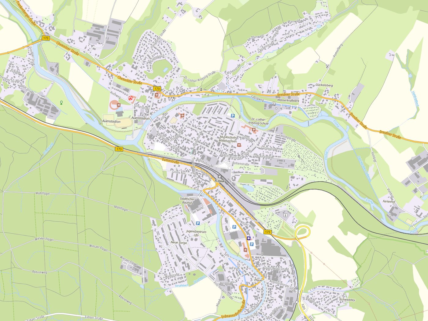 Kartenausschnitt Flöha mit Gewässern