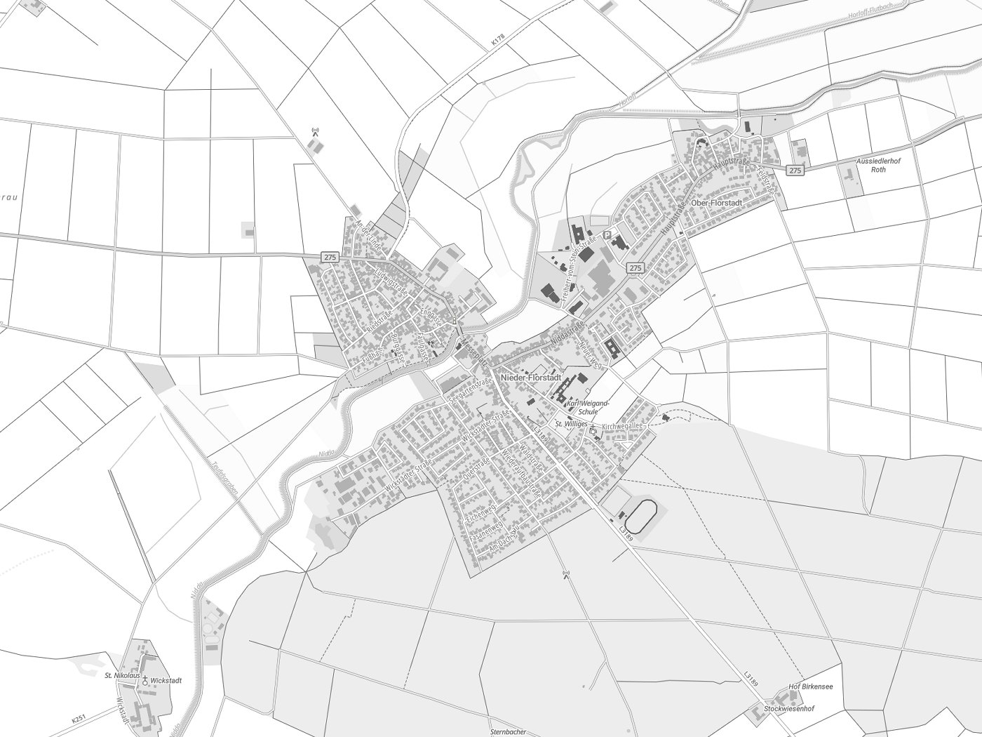 Kartenausschnitt Florstadt mit Gewässern