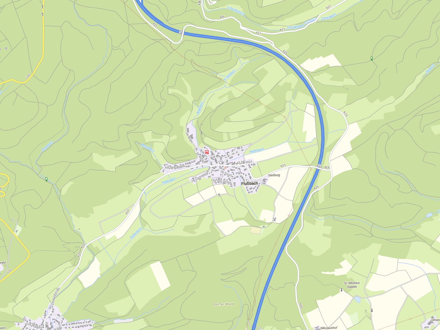 Kartenausschnitt Flußbach mit Gewässern