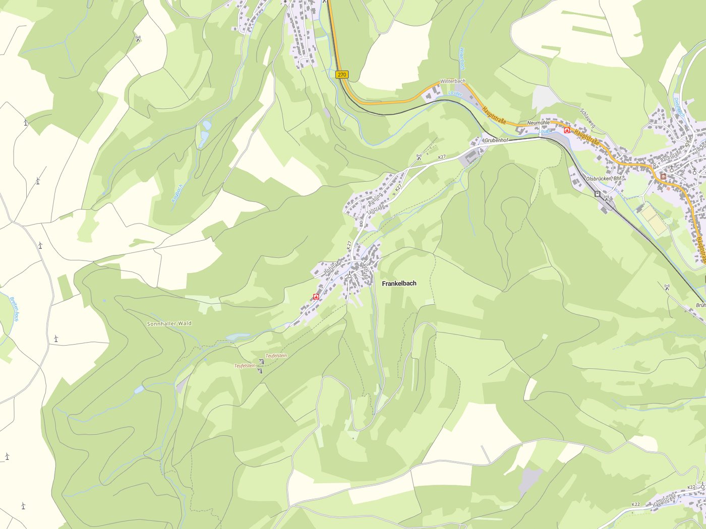 Kartenausschnitt Frankelbach mit Gewässern