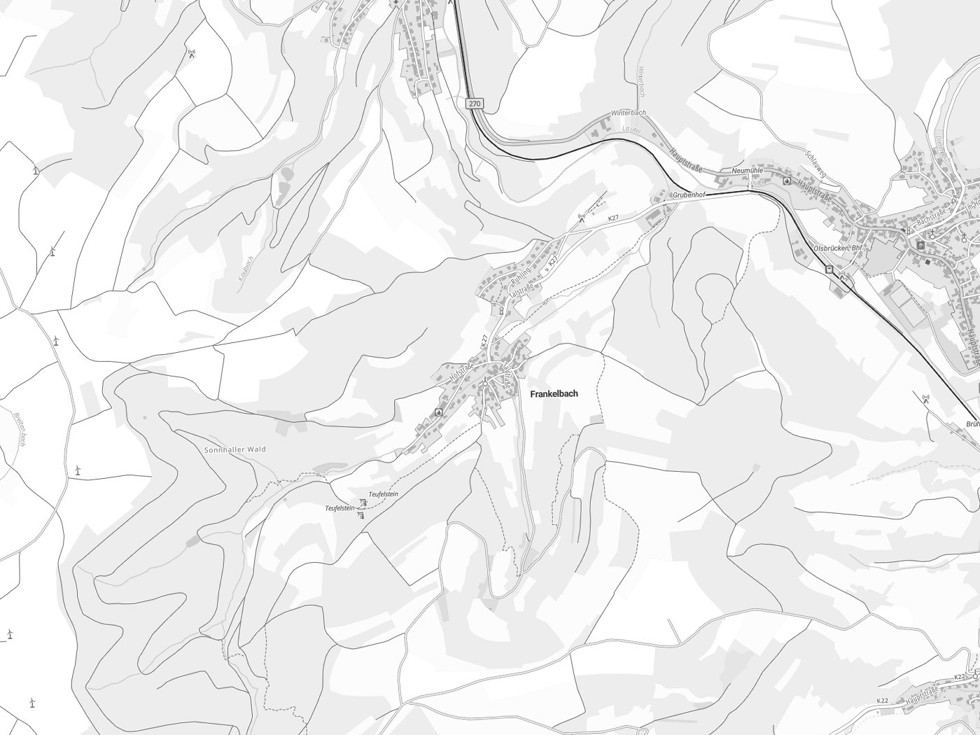 Kartenausschnitt Frankelbach mit Gewässern
