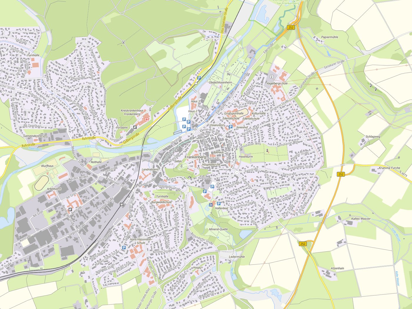 Kartenausschnitt Frankenberg mit Gewässern