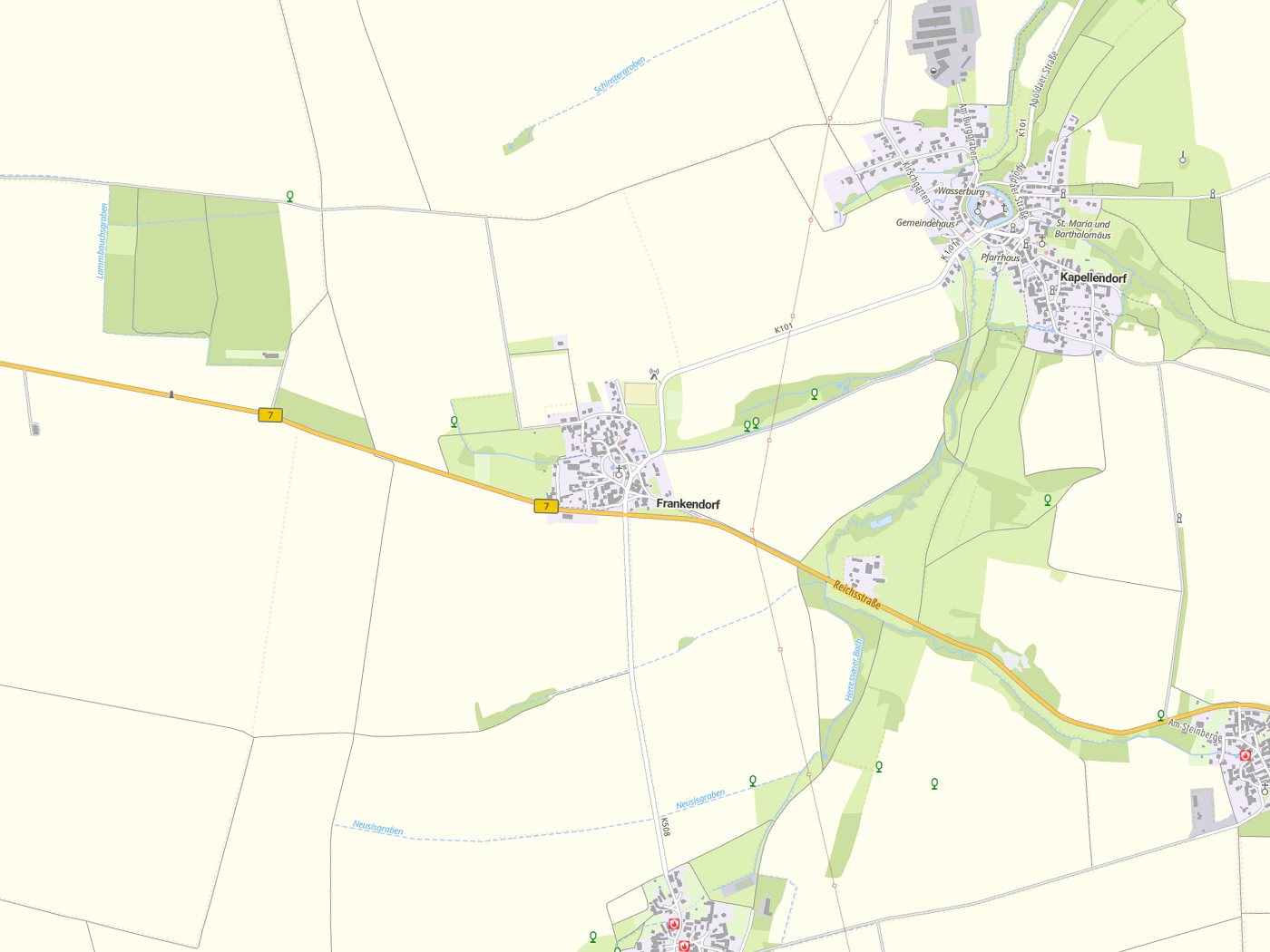 Kartenausschnitt Frankendorf mit Gewässern