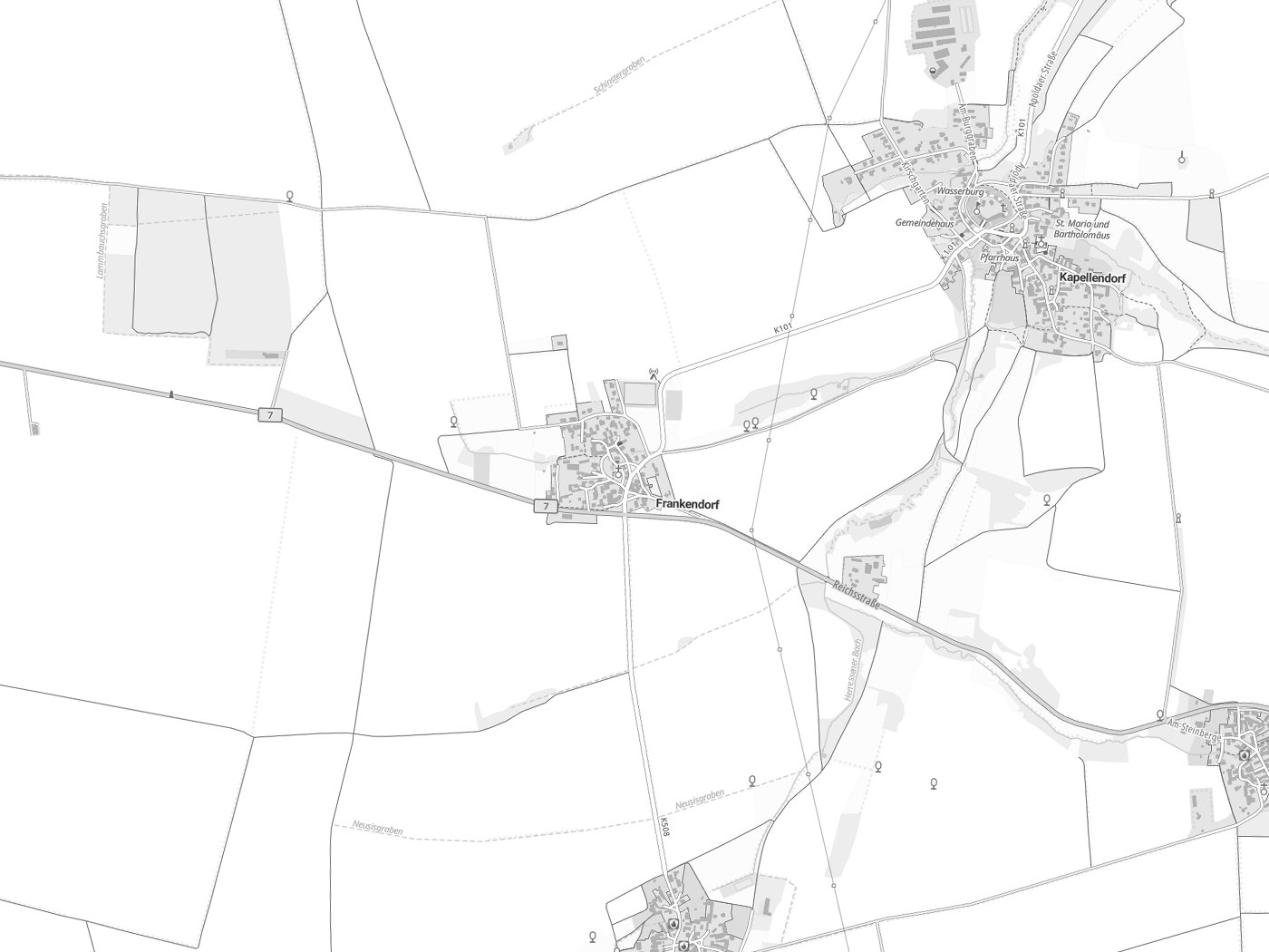 Kartenausschnitt Frankendorf mit Gewässern