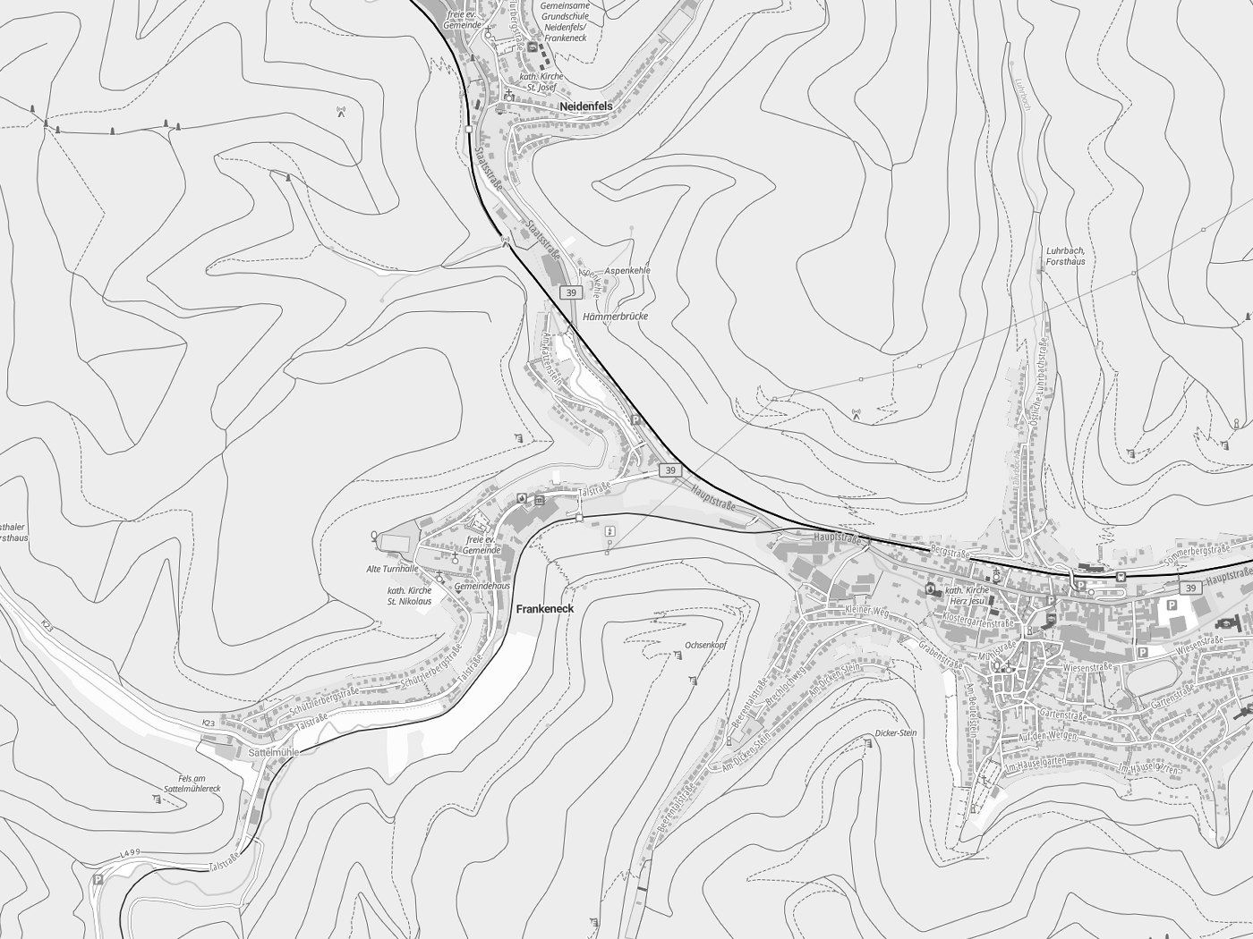 Kartenausschnitt Frankeneck mit Gewässern