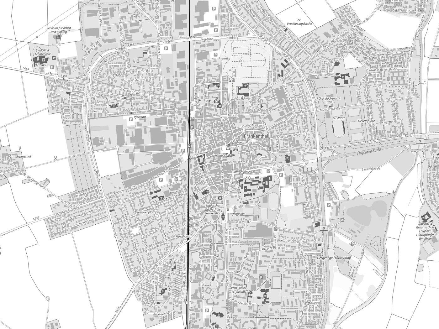 Kartenausschnitt Frankenthal mit Gewässern