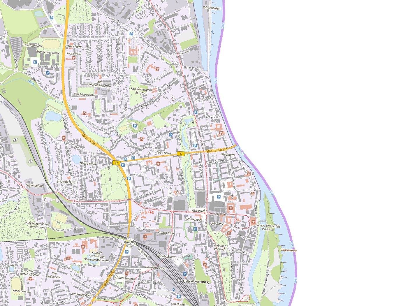 Kartenausschnitt Frankfurt (Oder) mit Gewässern