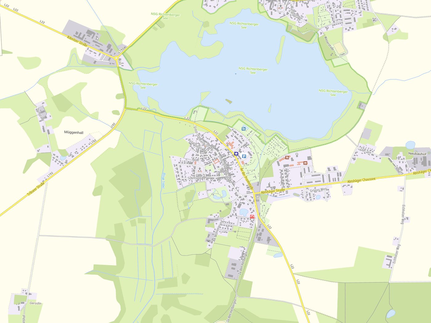 Kartenausschnitt Franzburg mit Gewässern