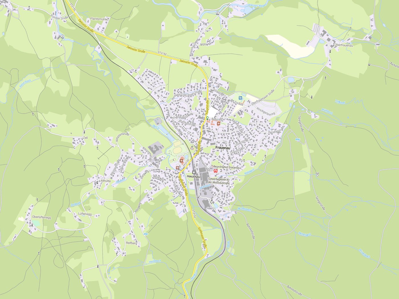 Kartenausschnitt Frauenau mit Gewässern