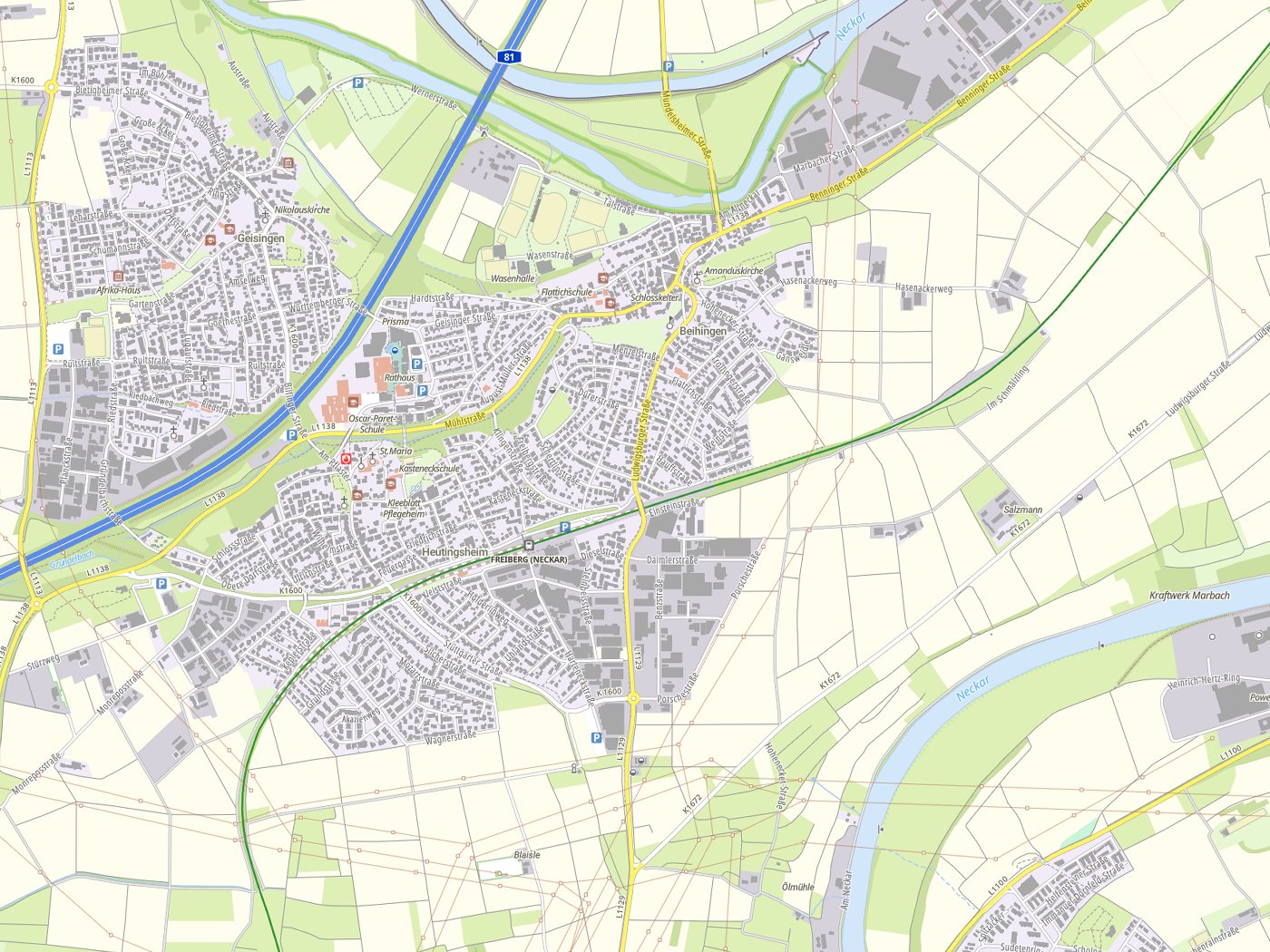 Kartenausschnitt Freiberg am Neckar mit Gewässern