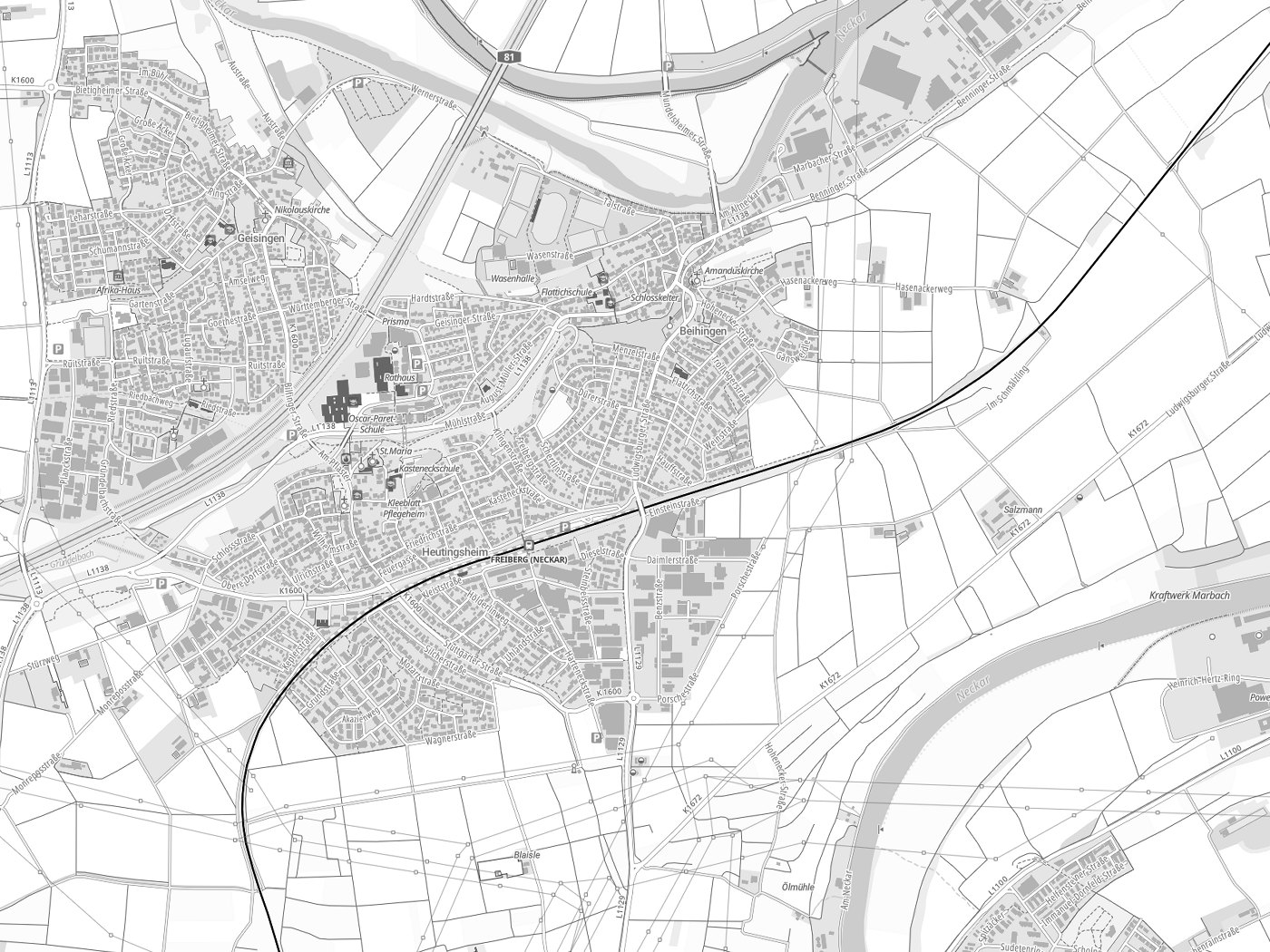 Kartenausschnitt Freiberg am Neckar mit Gewässern