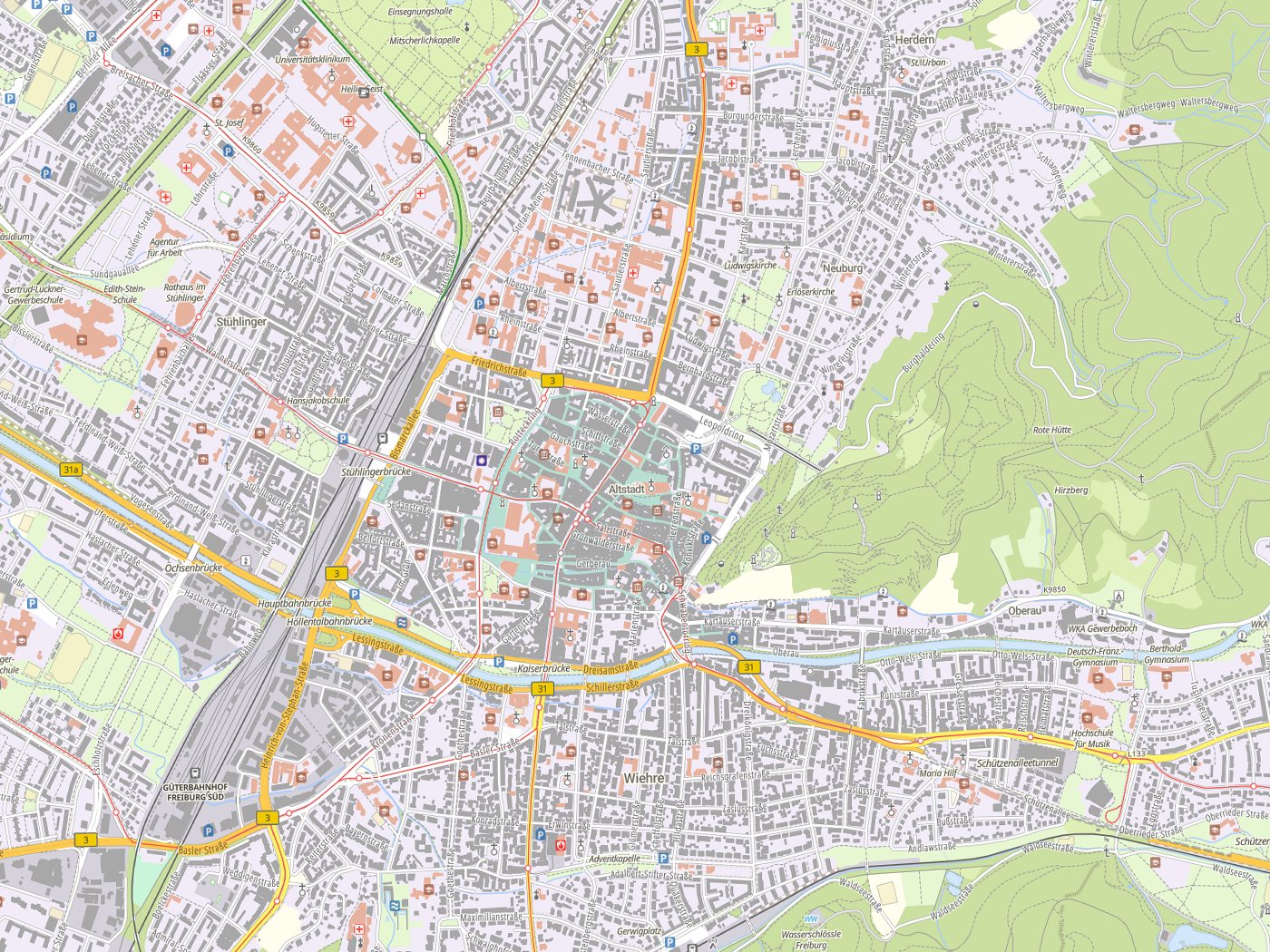 Kartenausschnitt Freiburg mit Gewässern