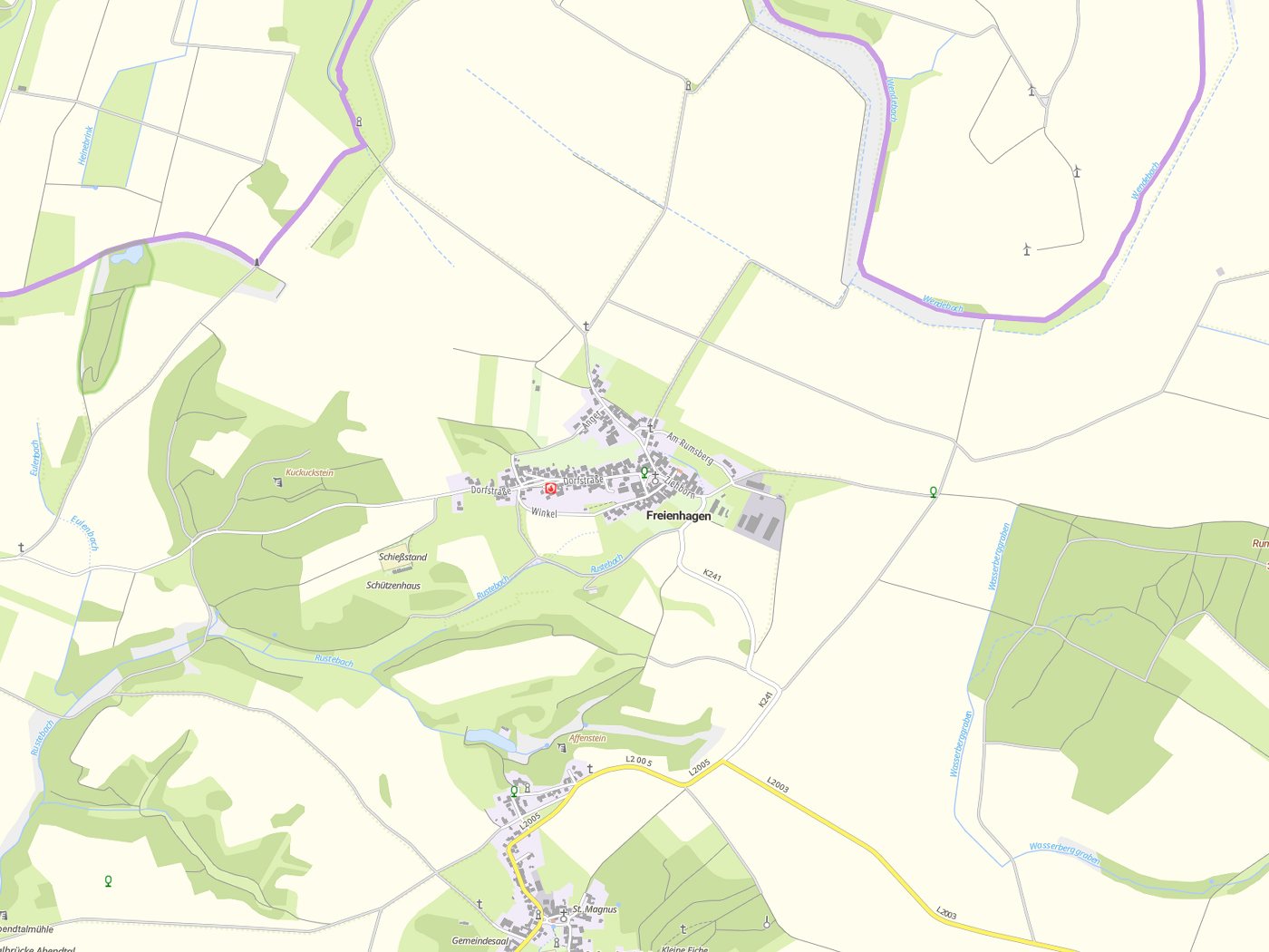 Kartenausschnitt Freienhagen mit Gewässern