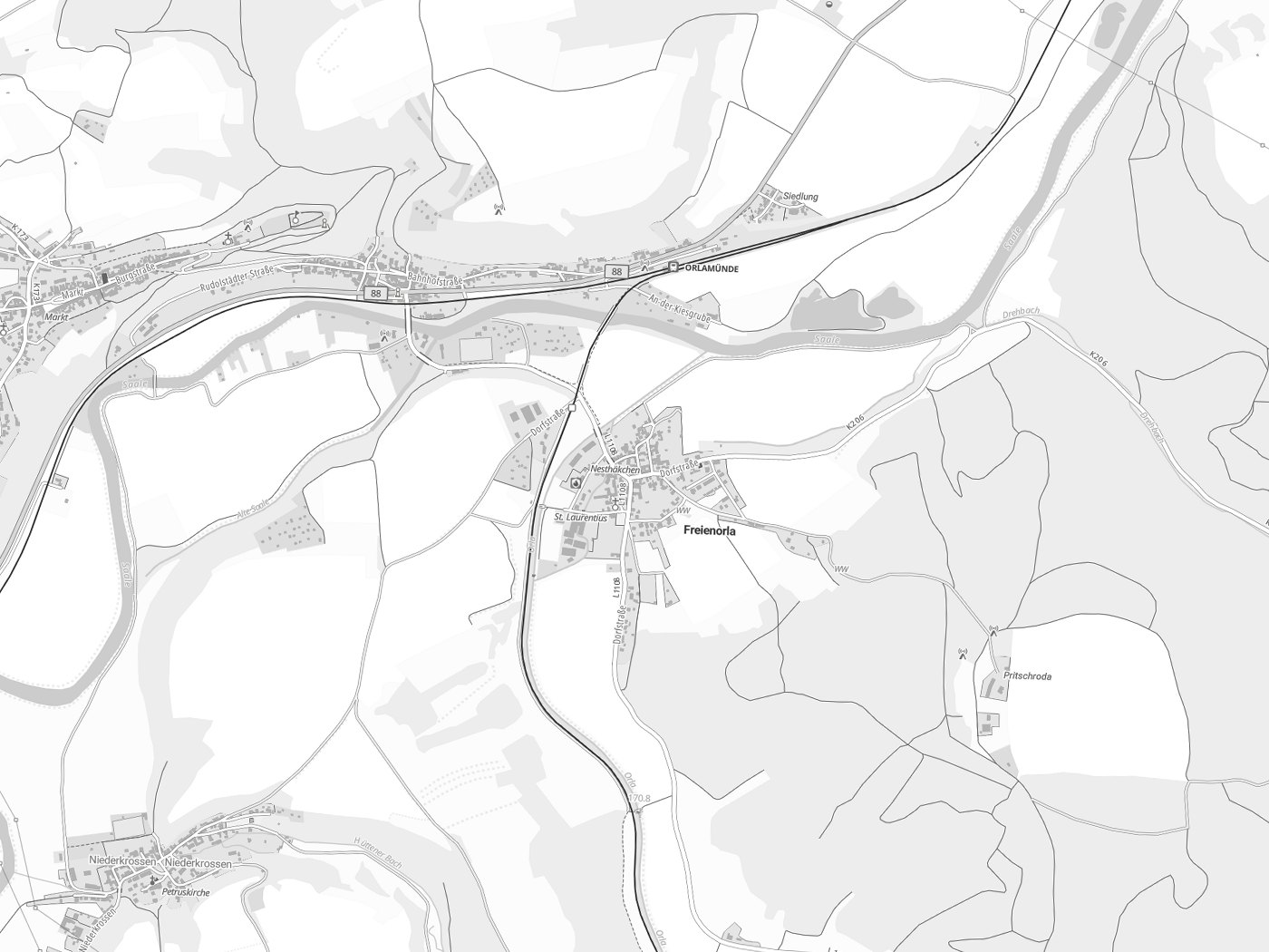 Kartenausschnitt Freienorla mit Gewässern