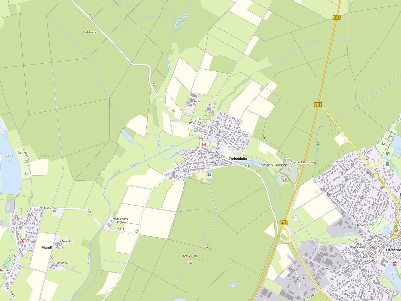 Kartenausschnitt Freirachdorf mit Gewässern