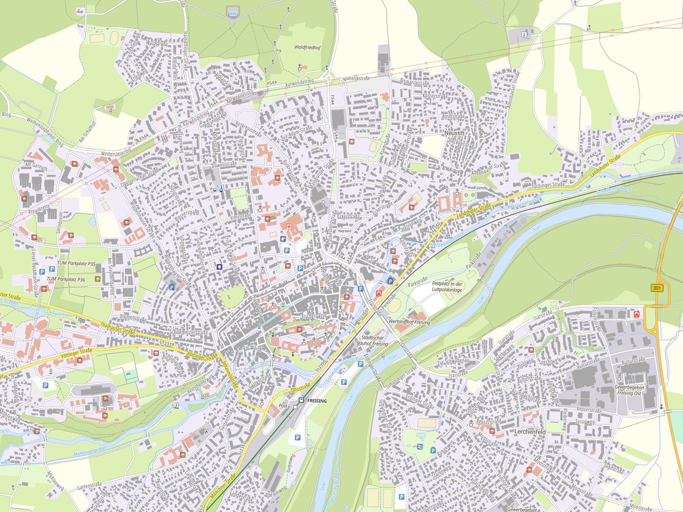 Kartenausschnitt Freising mit Gewässern