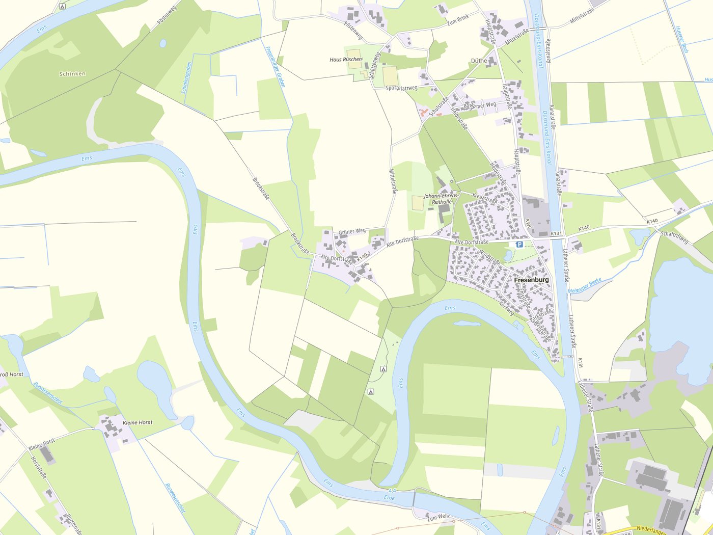 Kartenausschnitt Fresenburg mit Gewässern