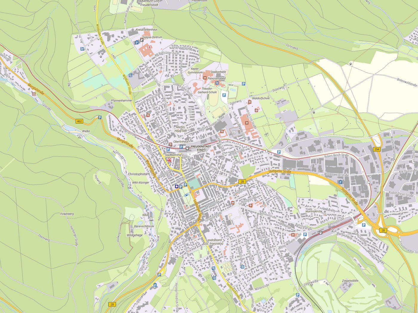 Kartenausschnitt Freudenstadt mit Gewässern