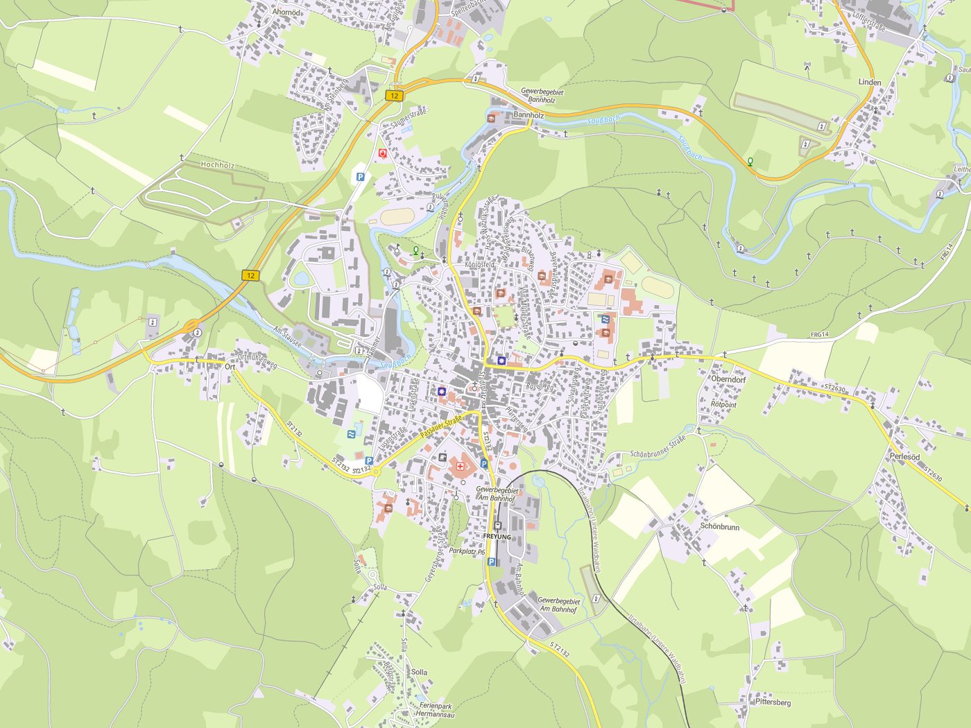 Kartenausschnitt Freyung mit Gewässern