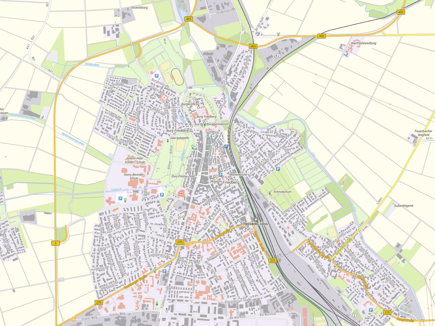 Kartenausschnitt Friedberg mit Gewässern