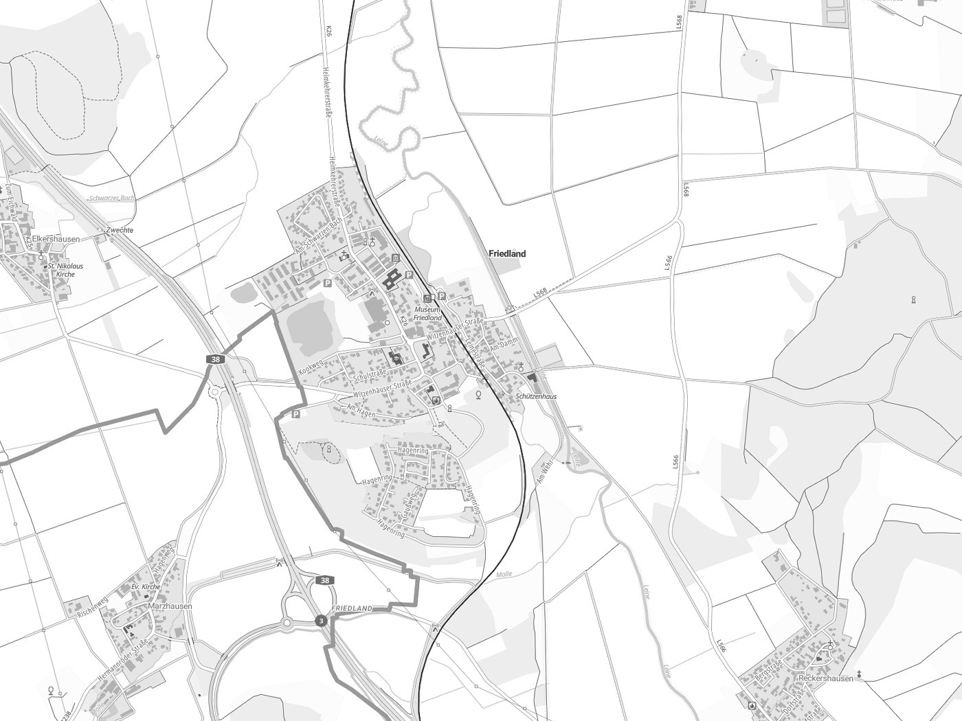 Kartenausschnitt Friedland mit Gewässern