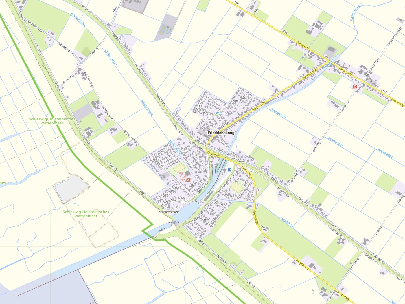 Kartenausschnitt Friedrichskoog mit Gewässern