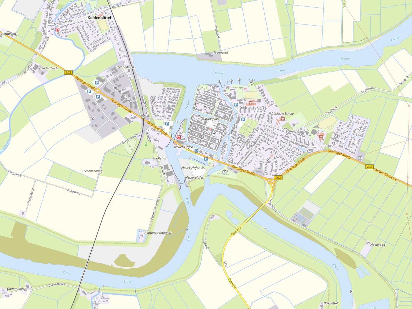 Kartenausschnitt Friedrichstadt mit Gewässern
