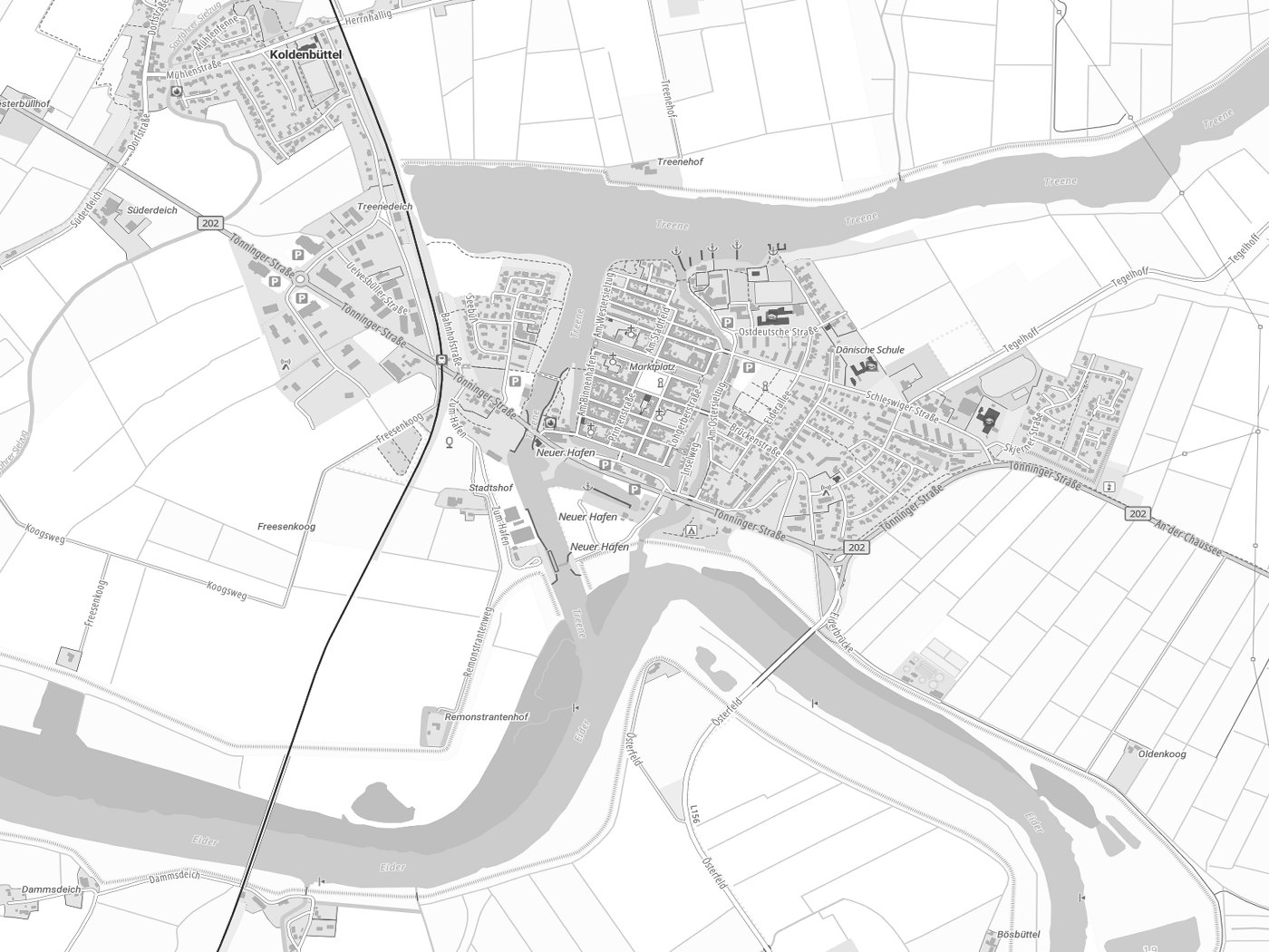 Kartenausschnitt Friedrichstadt mit Gewässern