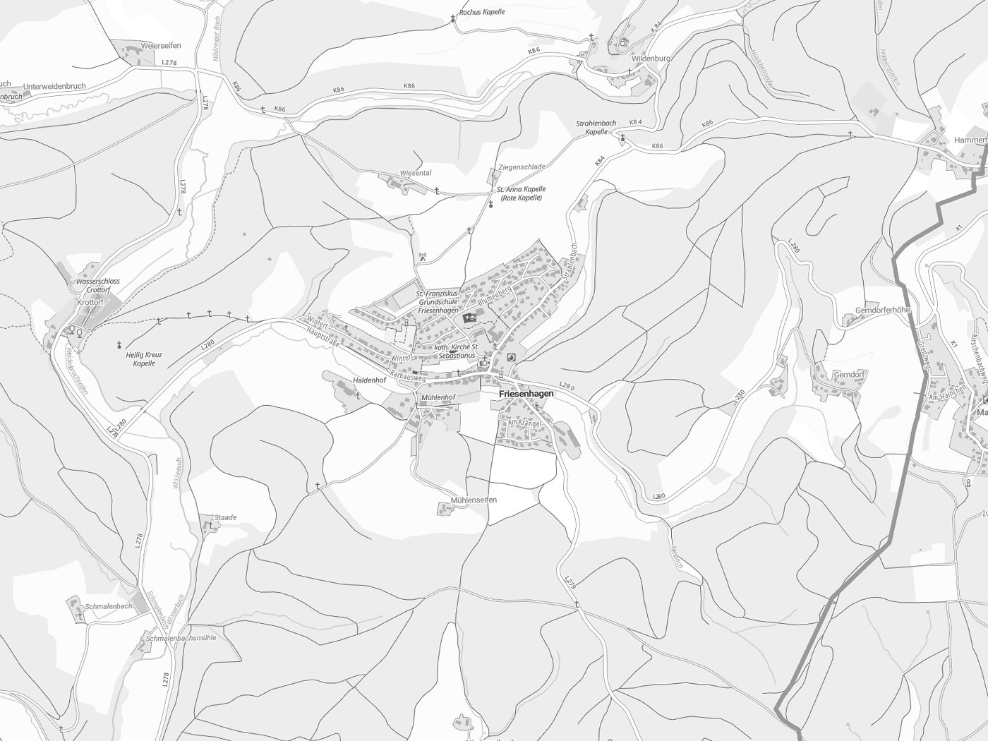 Kartenausschnitt Friesenhagen mit Gewässern