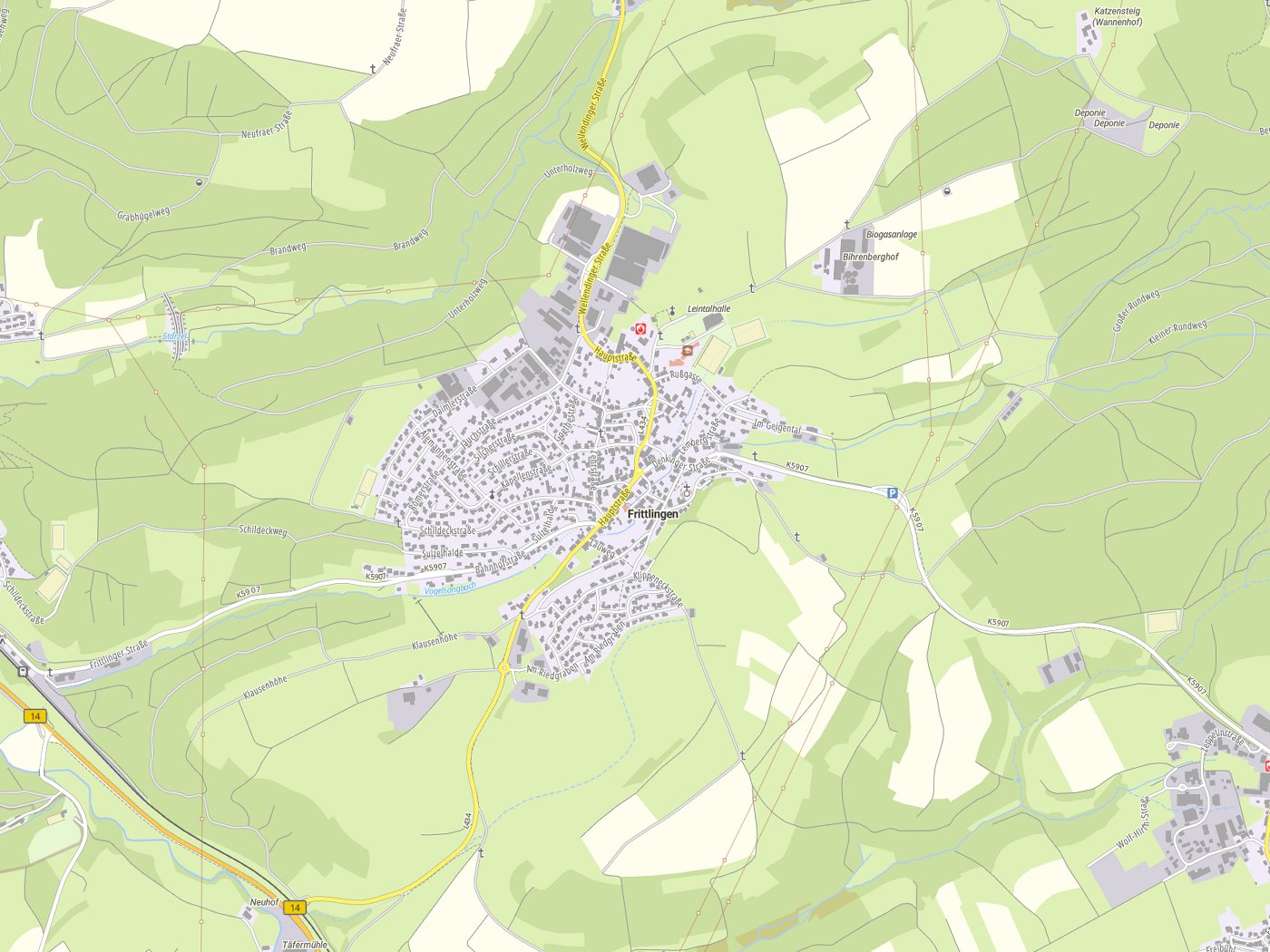 Kartenausschnitt Frittlingen mit Gewässern