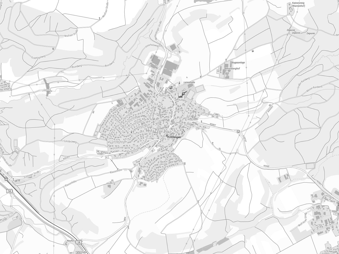 Kartenausschnitt Frittlingen mit Gewässern