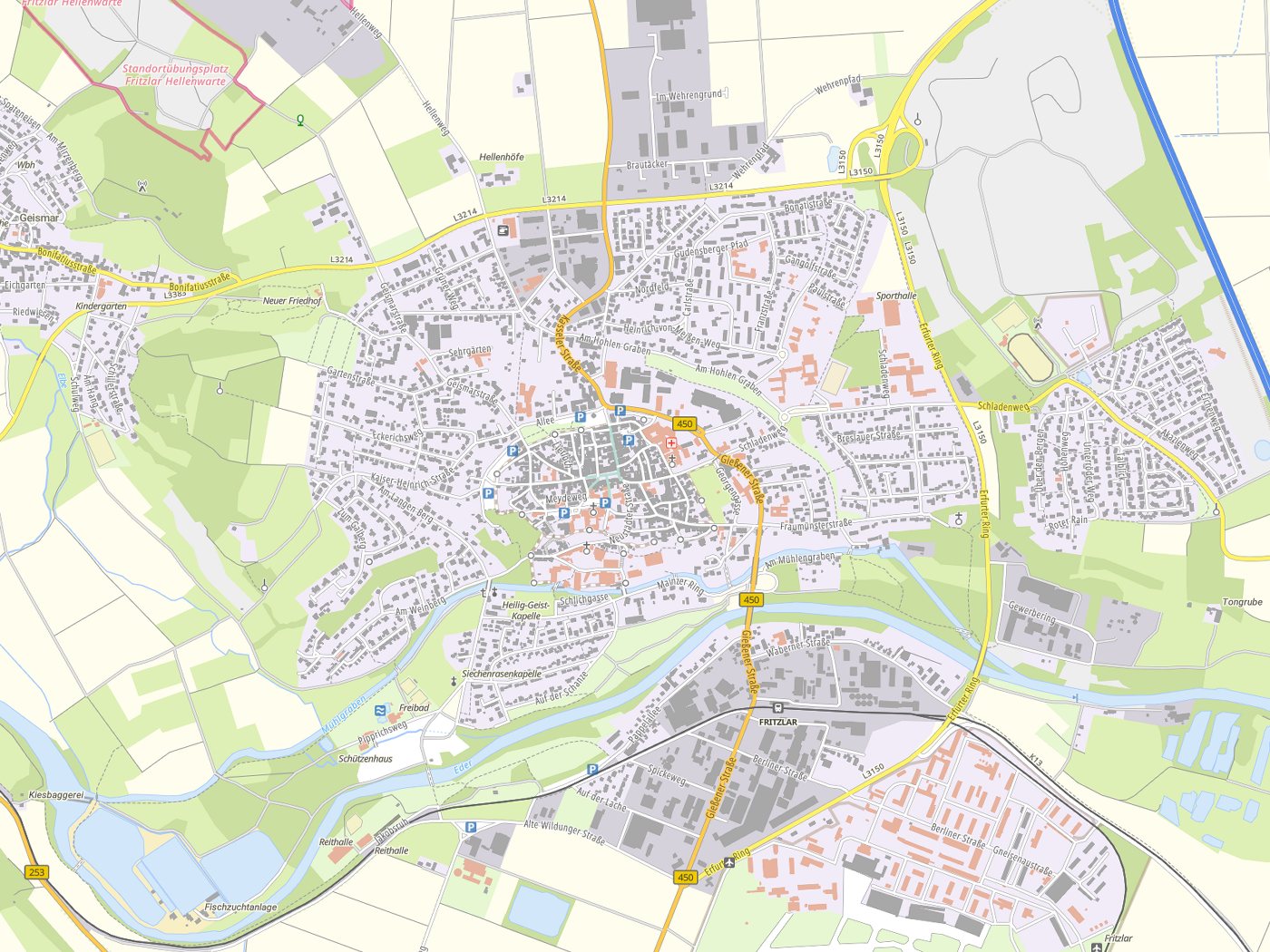 Kartenausschnitt Fritzlar mit Gewässern