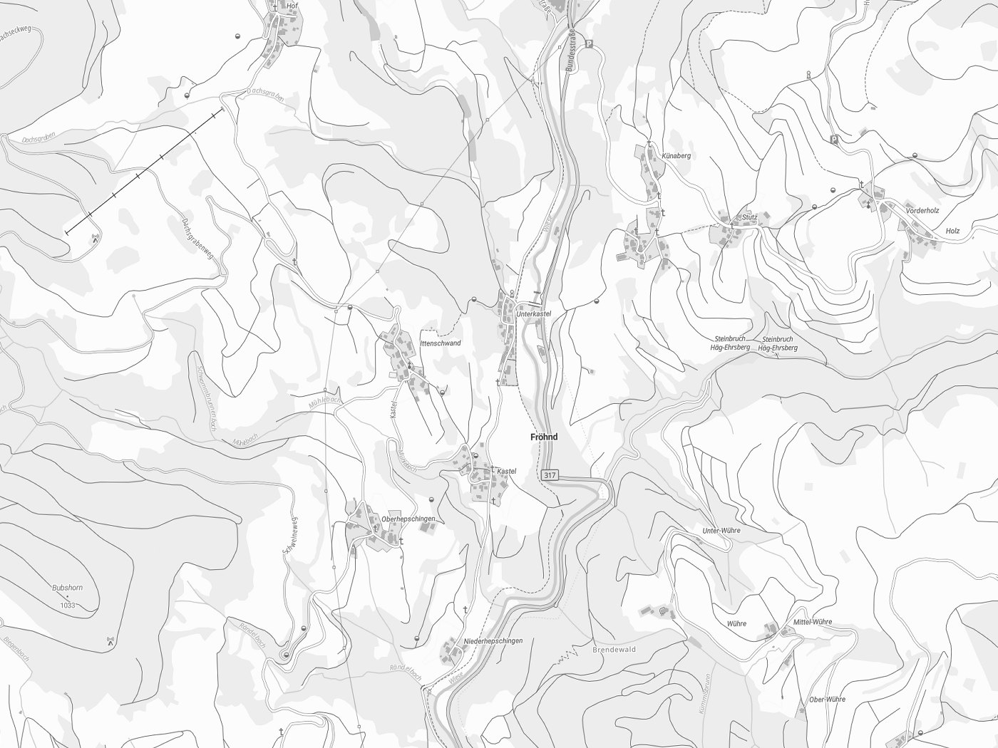 Kartenausschnitt Fröhnd mit Gewässern