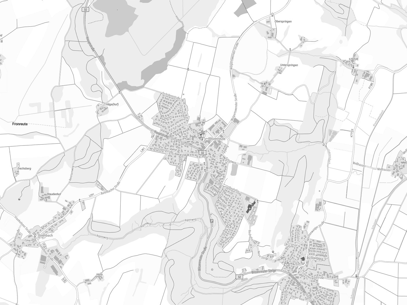 Kartenausschnitt Fronreute mit Gewässern