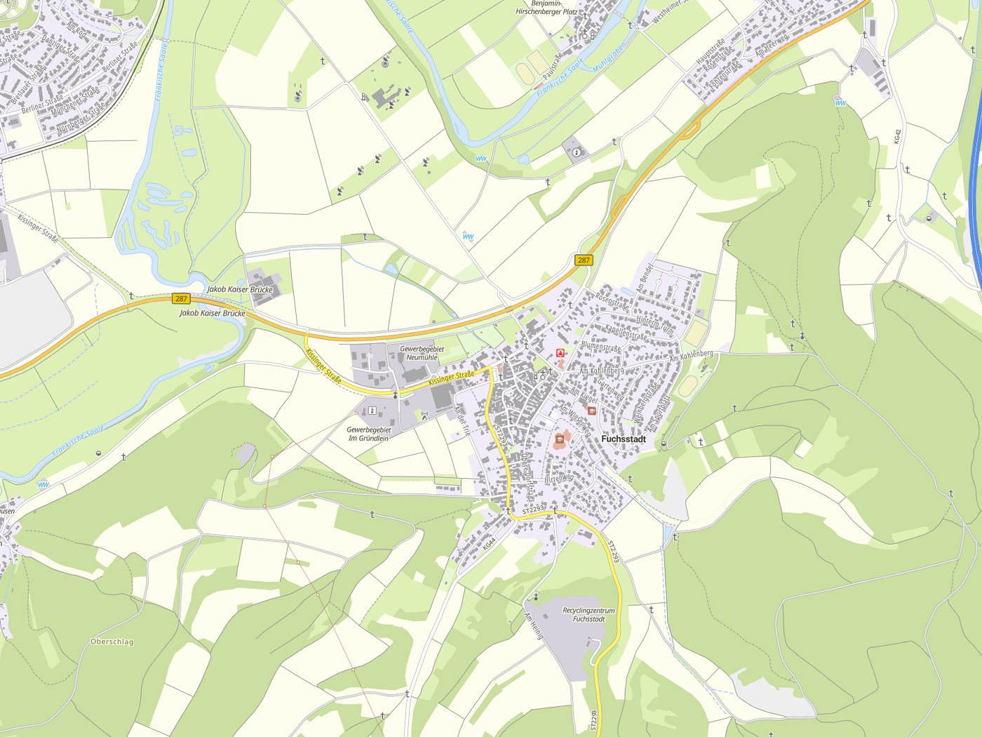 Kartenausschnitt Fuchsstadt mit Gewässern