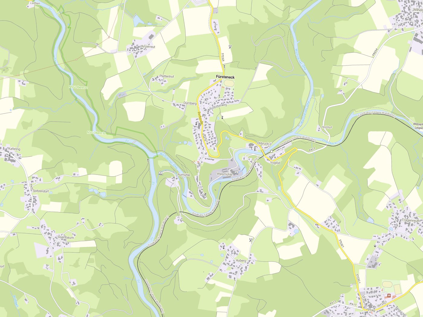 Kartenausschnitt Fürsteneck mit Gewässern