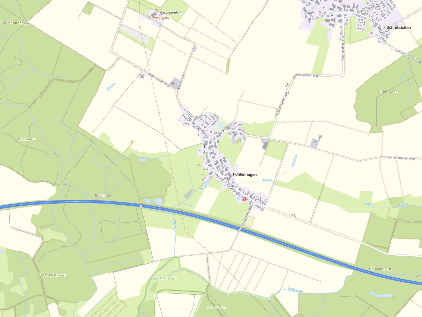Kartenausschnitt Fuhlenhagen mit Gewässern