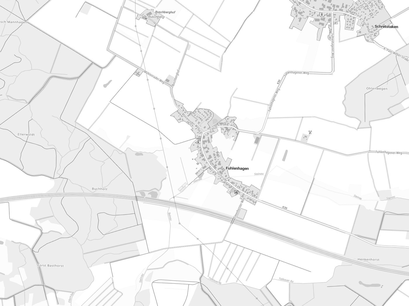 Kartenausschnitt Fuhlenhagen mit Gewässern