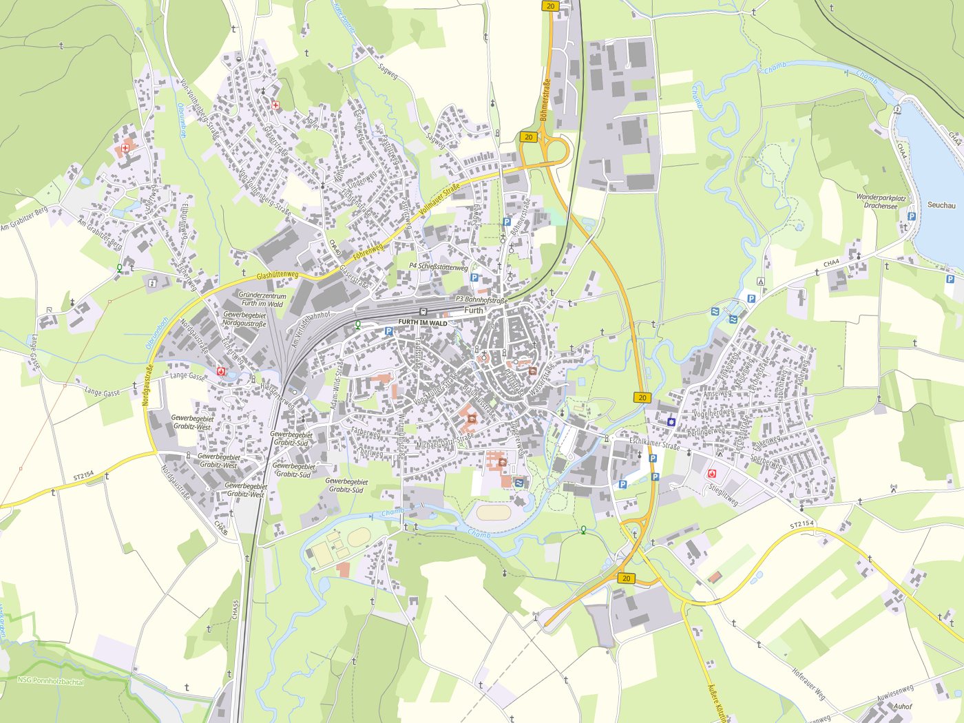 Kartenausschnitt Furth im Wald mit Gewässern