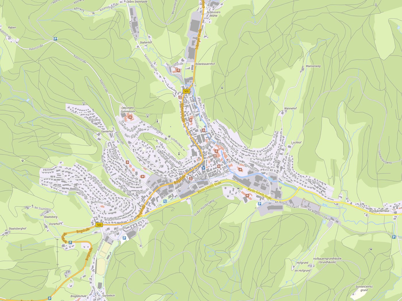 Kartenausschnitt Furtwangen im Schwarzwald mit Gewässern