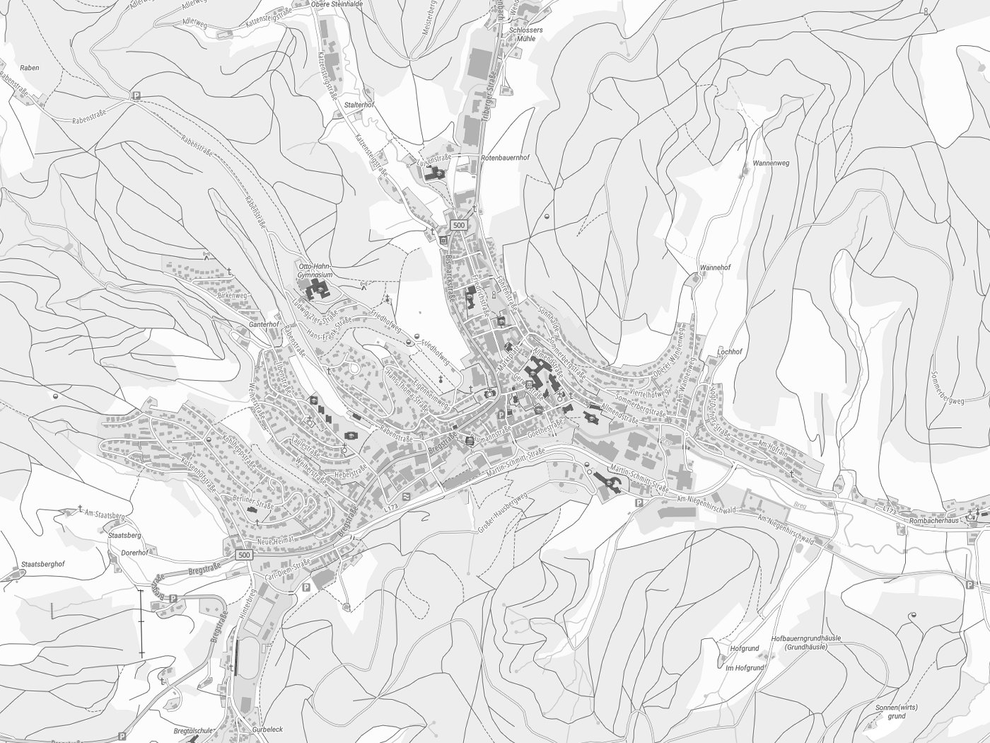 Kartenausschnitt Furtwangen im Schwarzwald mit Gewässern