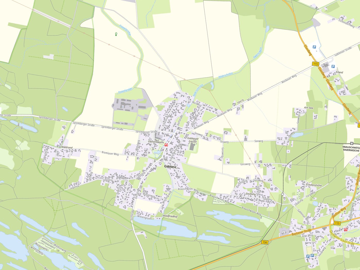 Kartenausschnitt Gablenz / Jabłońc mit Gewässern