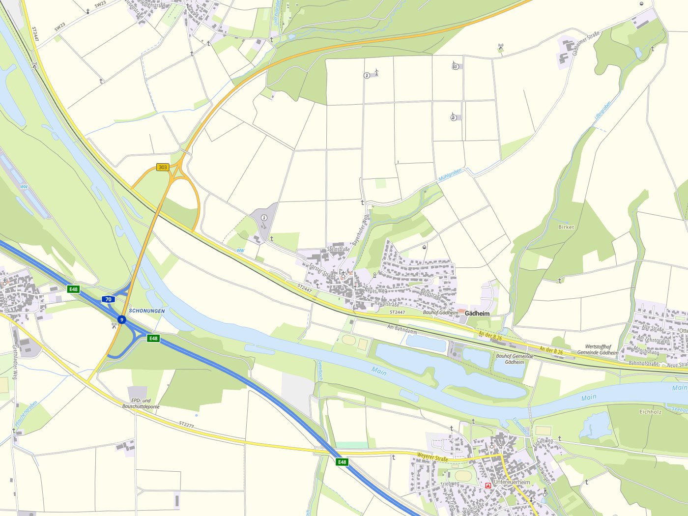 Kartenausschnitt Gädheim mit Gewässern